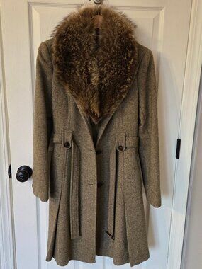 Vintage DKNY Wool Tie Waist Fur Trimmed Coat Fully Lined Size 8